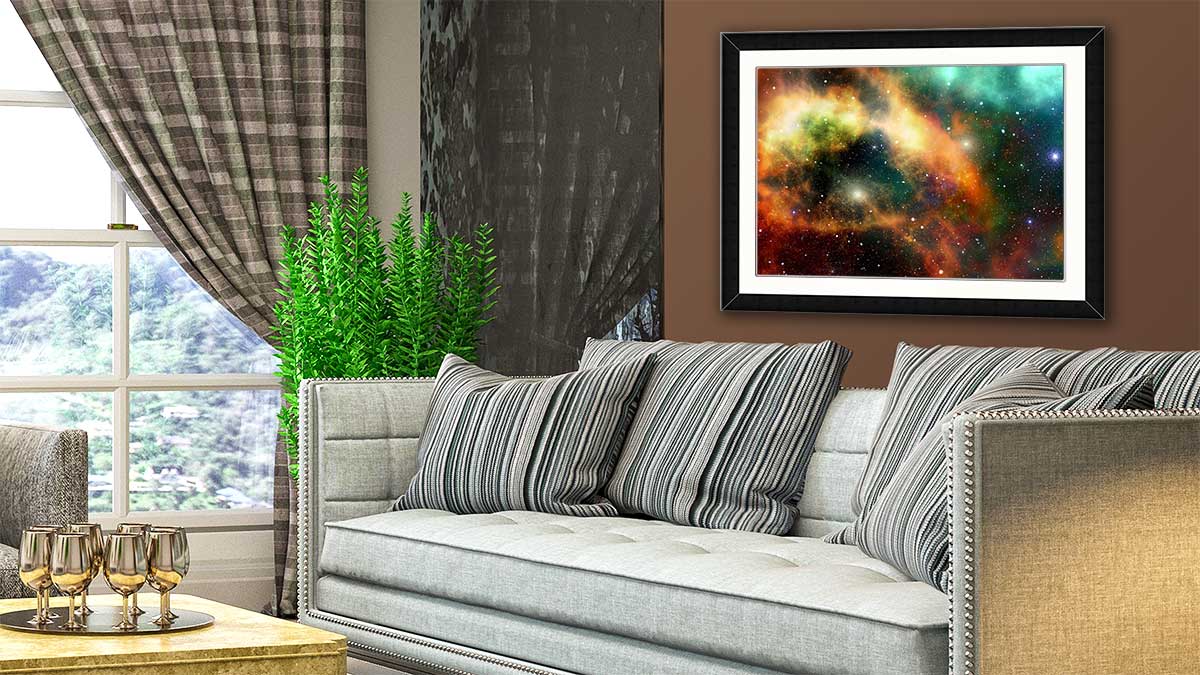 Photograph of a cosmos in a custom A2 frame hanging by a window