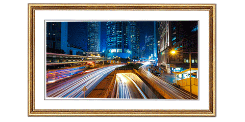 Panoramic print and frame of a cityscape