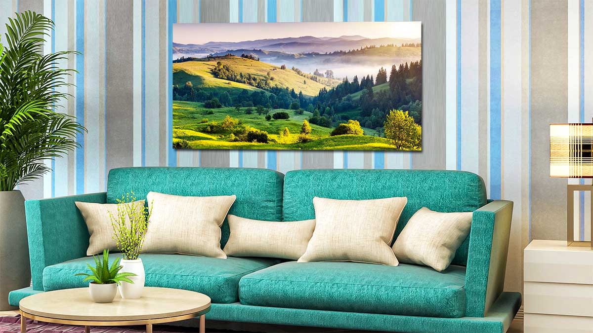 Landscape of trees and hills printed on a large panoramic poster
