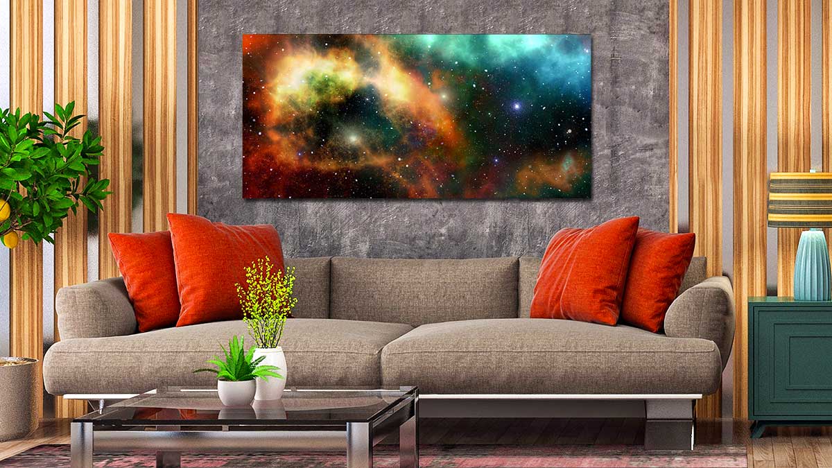 Large panoramic poster of the sky at night in a sitting room