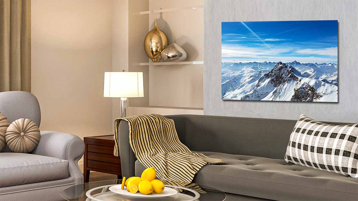 Poster of a snowscape view in a ski resort hung in an elegant sitting room