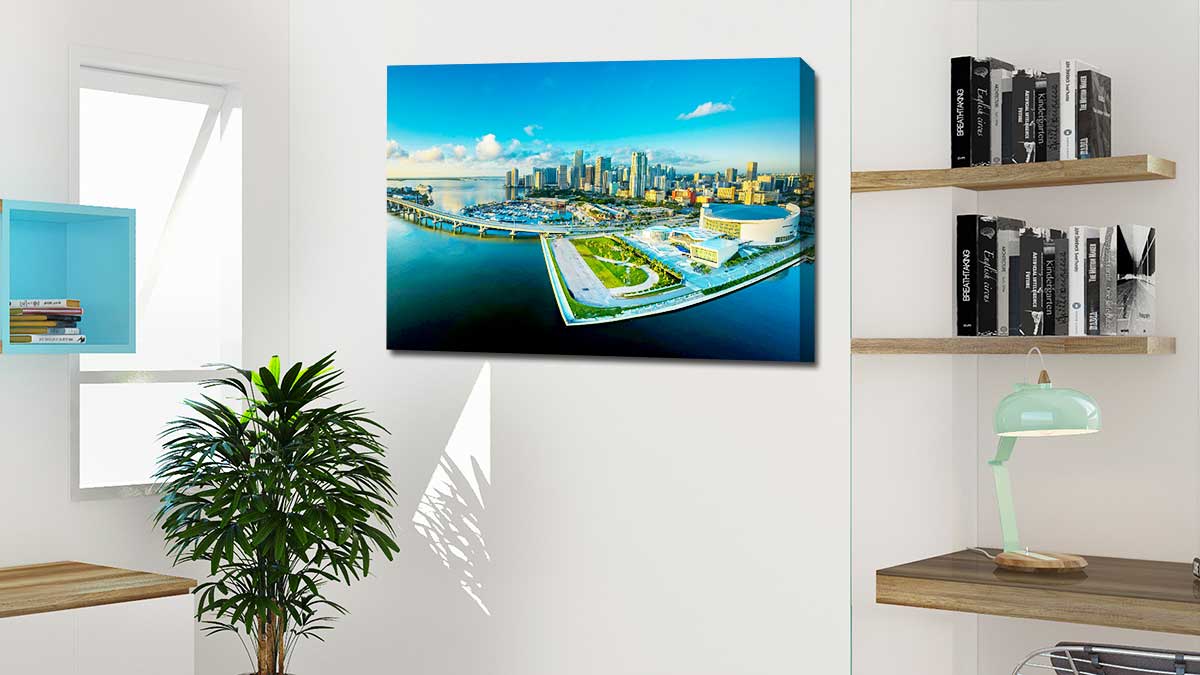 Dramatic cityscape hung on a wall in an office