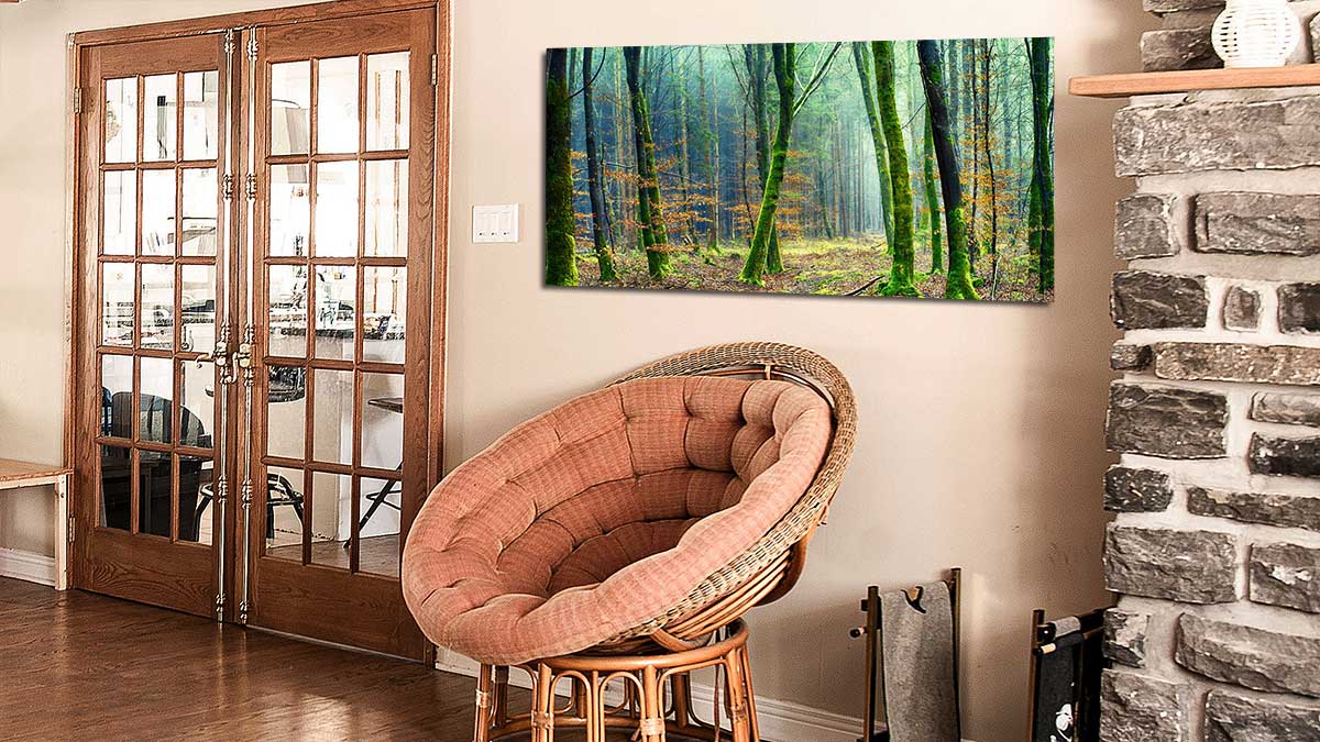 Photo of a forest printed on a poster and hung on a wall by an inglenook