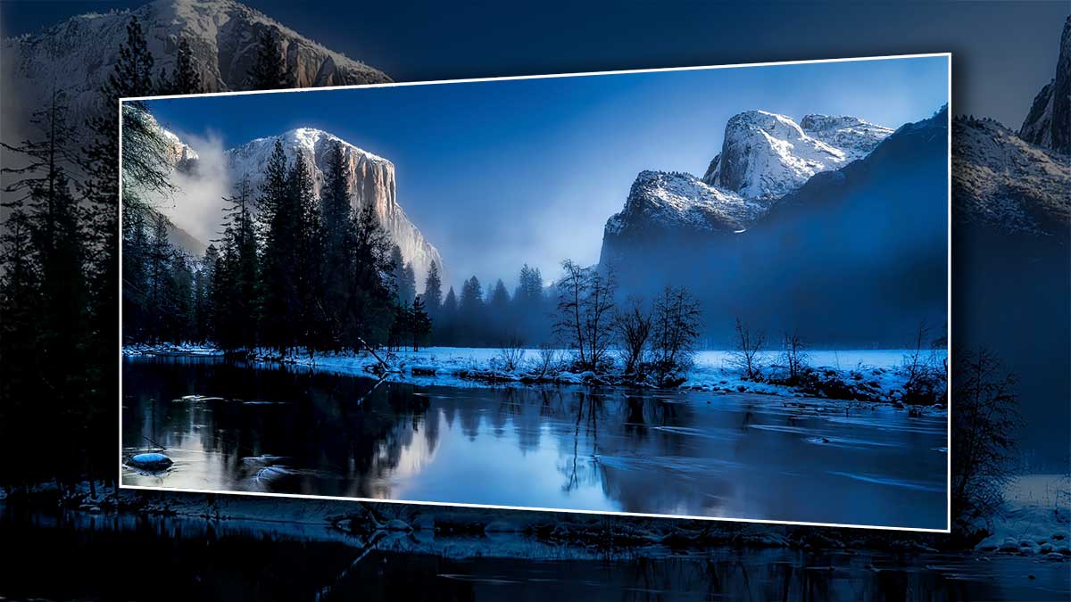 Panoramic poster featuring a landscape picture of snowy mountains