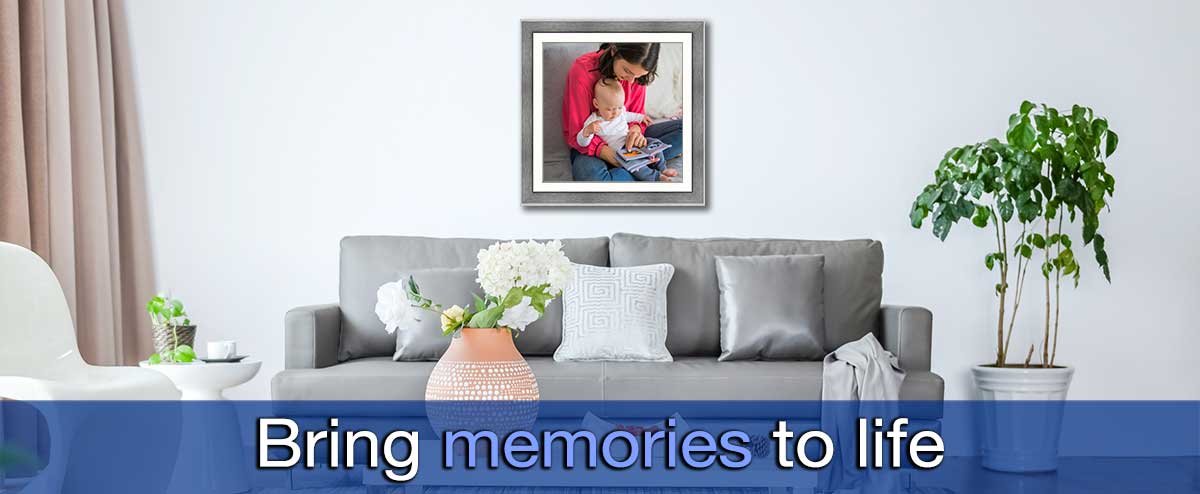 Framed poster of a mother and child in a sitting room