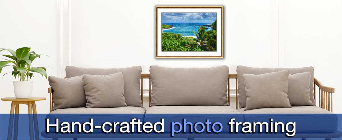 Holiday snap of a tropical landscape printed and put in a golden frame in a sumptuous family room