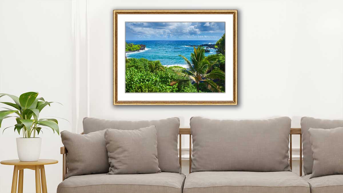 Photograph of a tropical landscape in a custom A2 frame hanging on a wall above a settee