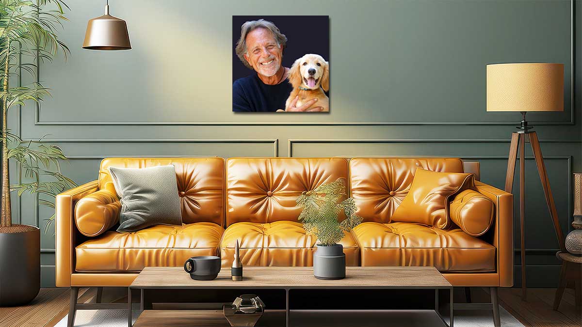 Family and pet on a square photo print hung with a uniquely styled sitting room