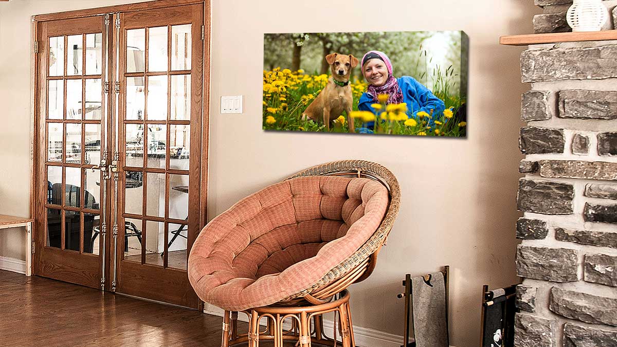Canvas of a woman and her pet dog perched in a meadow strewn with yellow flowers.