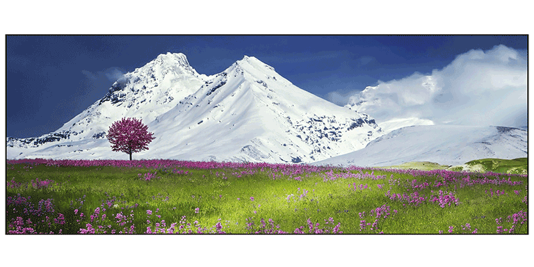 Panoramic print of a snowy mountain scene in the Alps