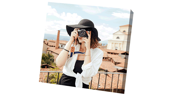 Square canvas depicting a woman with a camera taking a photo