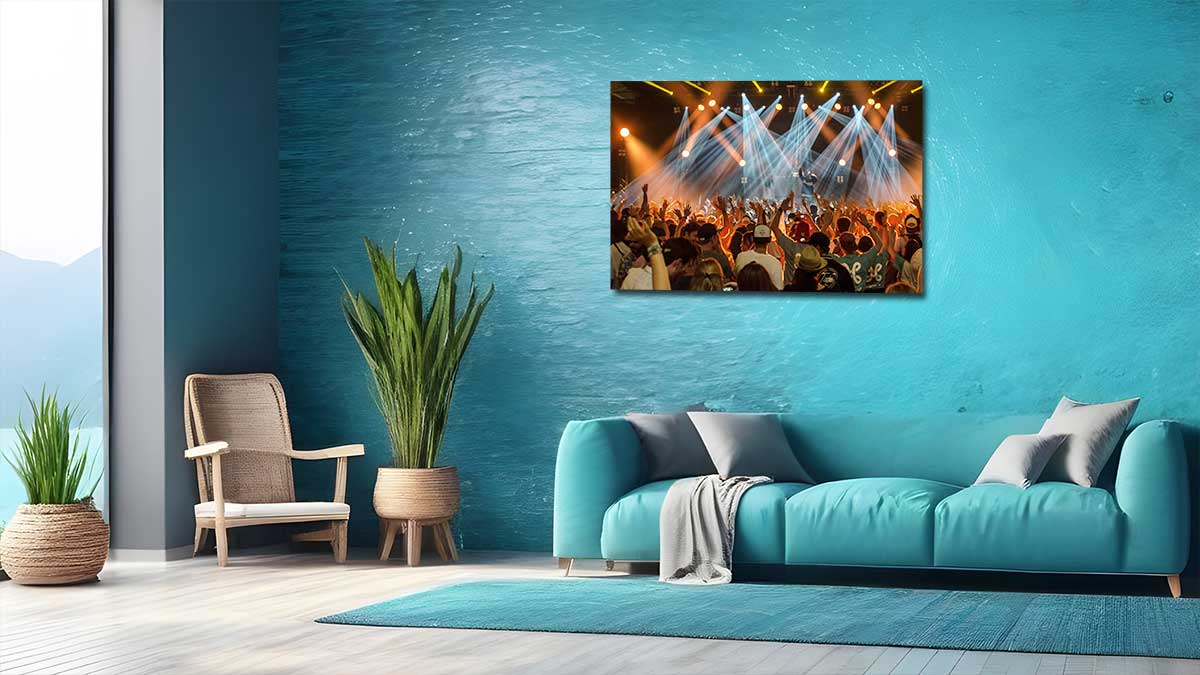 Night out at a concert taken on a mobile and put on a wall in a loft style apartment