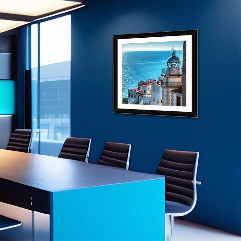 Square print and frame featuring a photo of Santorini in an office meeting room 