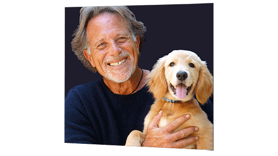 Square poster of a man posing for a photo with his dog