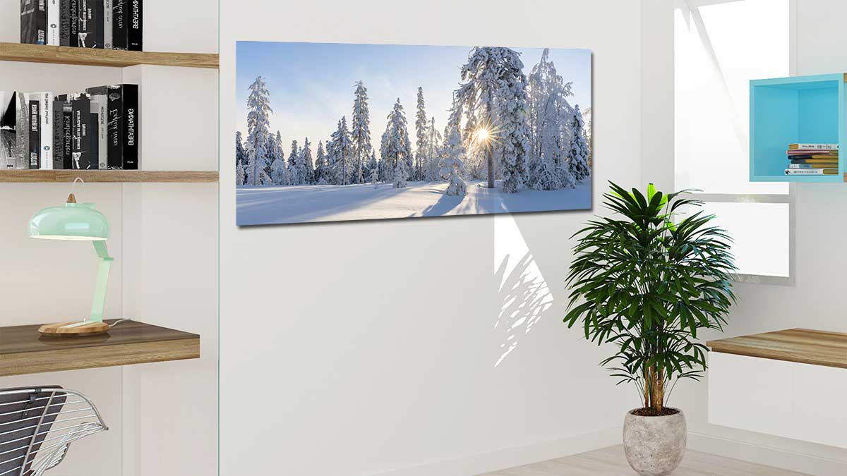 Panoramic print of a snow scene hung in a modern sitting room