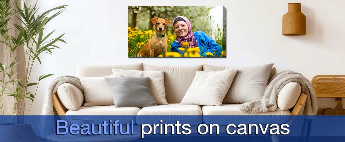 Canvas print featuring a woman with her pet dog above a comfy settee